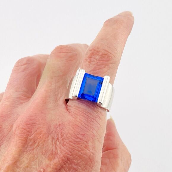 Massive Faceted Sapphire Blue CZ Sterling Ring Tension Set Stone by Quinn Sz 8.5 - Picture 11 of 12